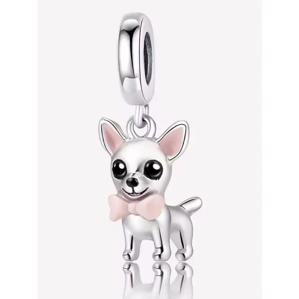 Silver Chihuahua Dog Charm with Pink Bow - Pet Lover Jewelry
